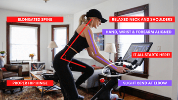 Woman on peleton bike with improved posture with HIZE Hoods